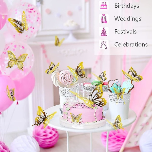 Ny 96-pack 3d Butterfly väggdekoration, kompatibel med fest, födelsedag, vardagsrum guld