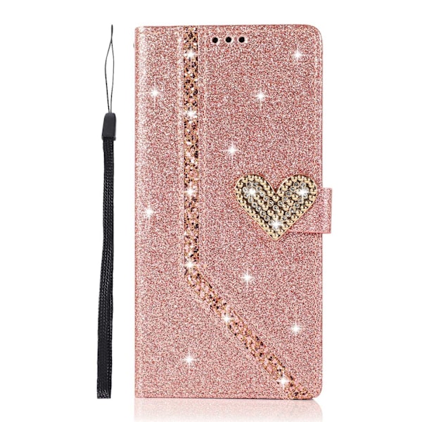 Kotelo iPhone 15PLUS -puhelimelle, ruusukultainen Love Hijab Glitter -lompakko korttipidikkeellä