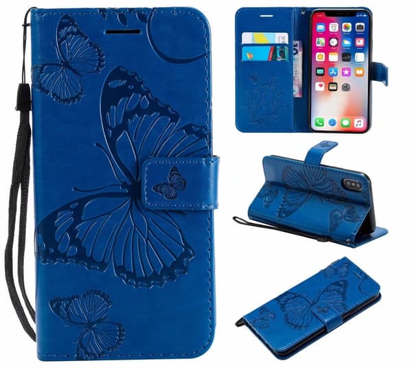 Etui til iPhone 15 Plus blå 3D-preget sommerfugl preget lommebok med kortholder flip