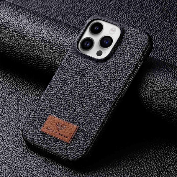 Kotelo iPhone 16 Pro Max -puhelimelle, musta nahka, puolipakkaus, pienikuvioinen, ohut