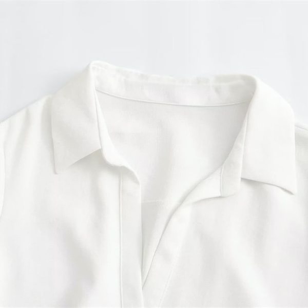Elegant lapel kortärmad enkelknäppt A-linje kjol Bälte dekorativ skjortklänning White L