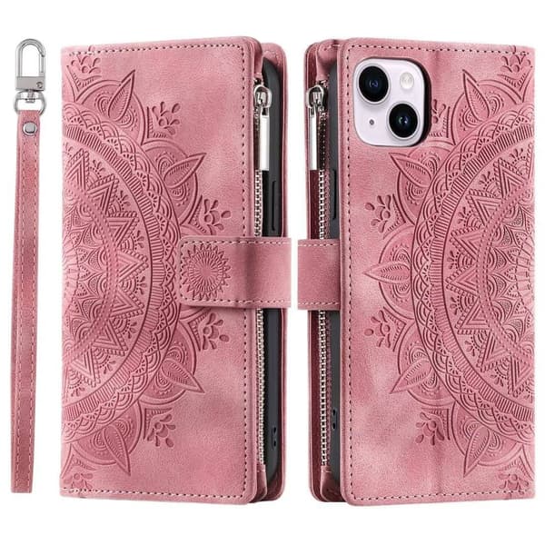 Etui til iPhone 14 Pro Max pink Multi-card Totem Lynlås Flip Wallet med Kortholder
