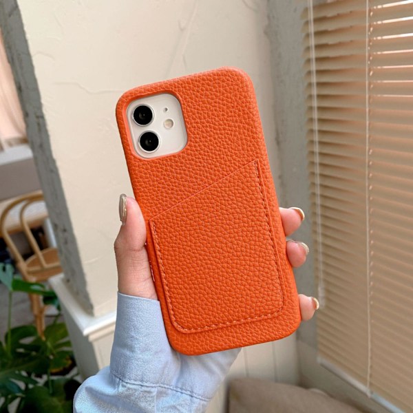 Kotelo iPhone 16pro:lle, litsikuvioinen korttipaikka, oranssi, kivetty lompakko korttipidikkeellä