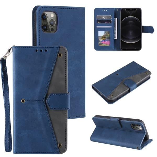 Etui til iPhone 13 blå Mixed Media Kontrastfarvepung med kortholder Flip
