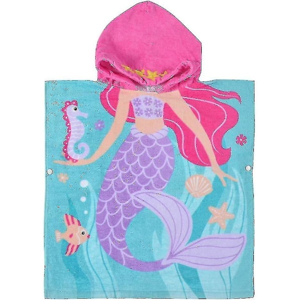 Flickor Barn Huvförsedd Sjöjungfru Badhandduk, 100% Bomull Snabbtorkande Absorberande Mjuk Strandhandduk, Blå Lila Rosa 58,4 x 61 cm