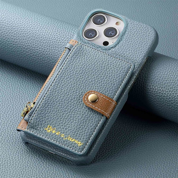 Etui til iPhone 13 Pro Max blått Ensfarget klassisk Pebbled kortholder
