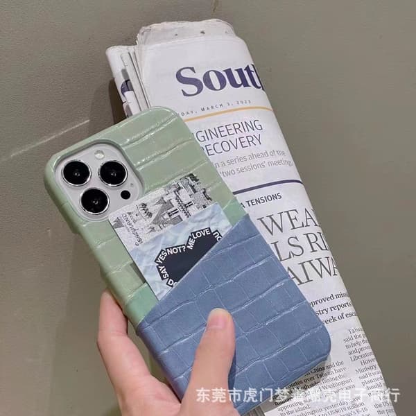 Etui til iPhone 14 Matcha + Blå Wallet med Kortholder Colorblocking Let Luksus Lædertekstur