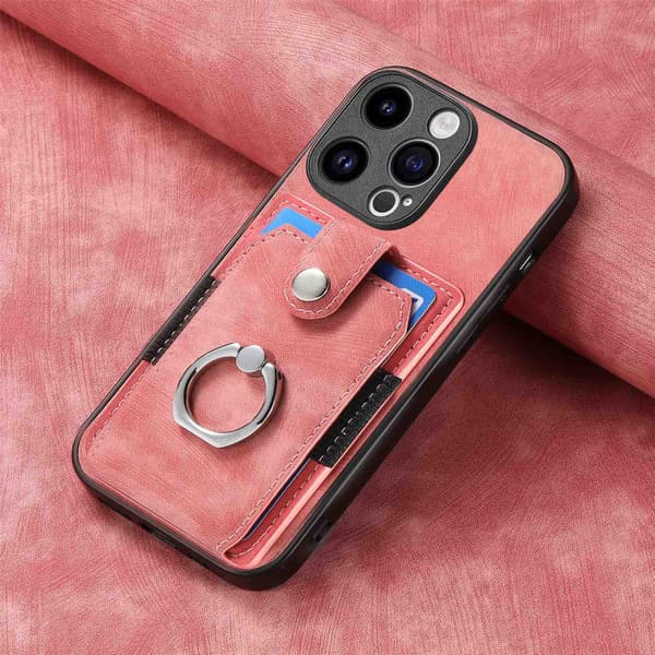 Fodral för iPhone 14 Plus rosa Korthållare Enkel Retro Hårdvara Ring Bilmagnetisk