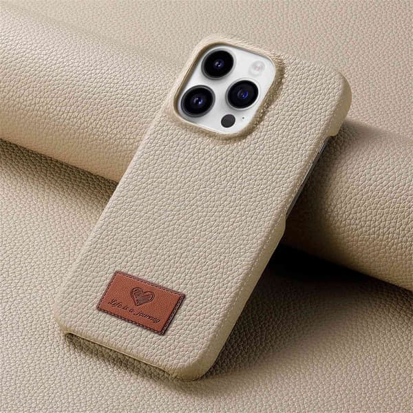 Etui til iPhone 14 Pro Max Khaki Læder halv pakke Pebbled lille klar hud
