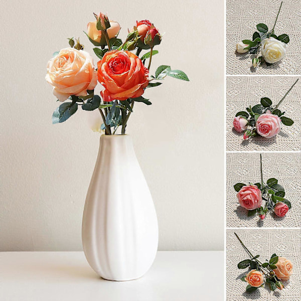 Kunstig rose med stilk grønne blader realistisk falsk blomst bryllupsfest White