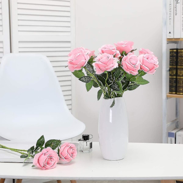 Kunstige Silke Rose Blomster Enkelt Stilk Realistisk Falsk Rose For Bryllupsbukett Blomst, 10stk (blå) pink