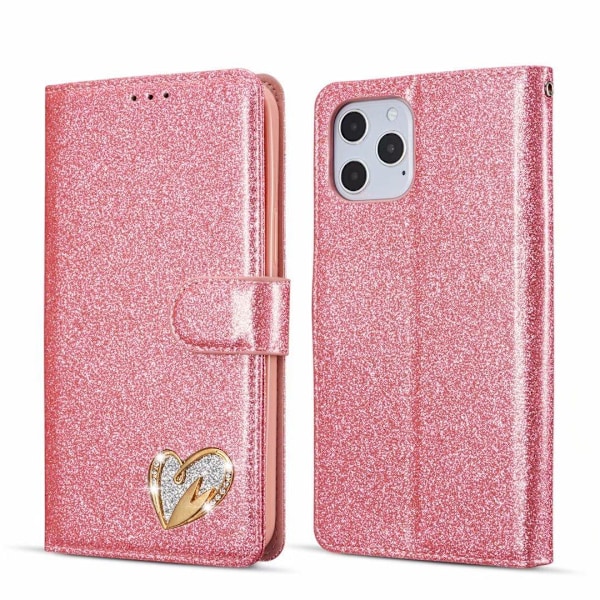Etui til iPhone 15 pink hjerte glitter diamant hardware pung med kortholder flip