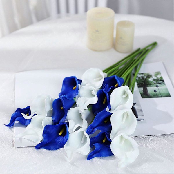 24 st Calla Lilja Bröllopsbukett Latex Real Touch Konstgjorda Blommor (Blå och Vit) Blue and White