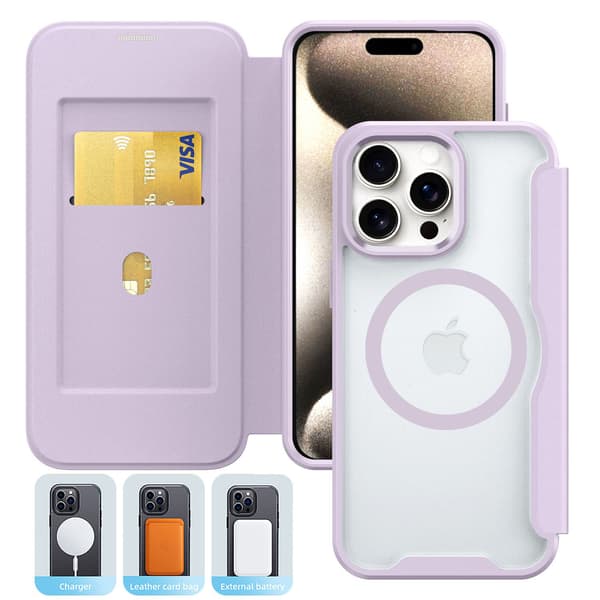 Etui til iPhone 13 Lys lilla [magnetisk type] Xunjia Magnetisk Flip Kortholder
