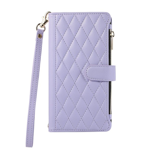 Etui til iPhone 14/13 Lilla + kort håndstropp Diamant glidelåspose Stativ Lommebok med Kortholder