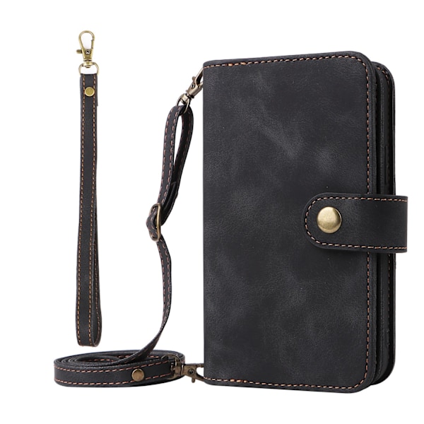 Etui til iPhone 14Plus Sort (med lange og korte snore) Doka lynlås pung med kortholder Flip Wallet med kortholder Crossbody