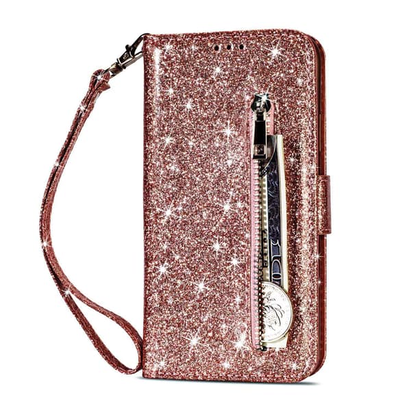 Fodral för iPhone 15PRO Roséguld glitterplånbok med korthållare