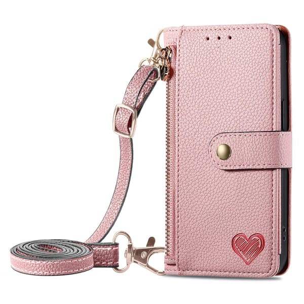 Etui til iPhone 14 Pro Pink [lang crossbody snor] Source Love Pebbled RFID-Blocking Rem