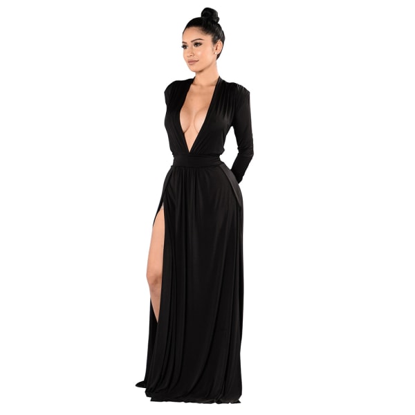 Sexig tvåsidig höggaffel Djup V-klänning Långklänning Bankettklänning Black XL
