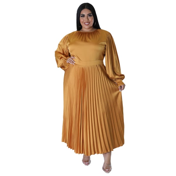 Plisserad rundhalsad långklänning med lång ärm Gold 3XL