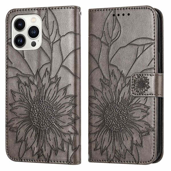 Kotelo iPhone 16 Plus -puhelimelle, harmaa 3D-kohokuvioitu auringonkukkakukkaro korttipidikkeellä ja läpällä