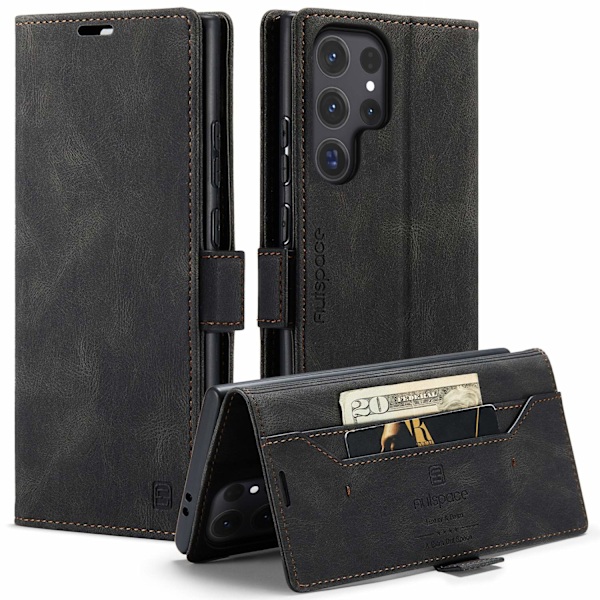Etui til iPhone 15 Pro, sort flip-pung med kortholder