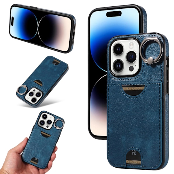 Fodral för iPhone 15 Pro Max 6.7 blått kalvskinn ring spänne plånbok med kort hållare stativ