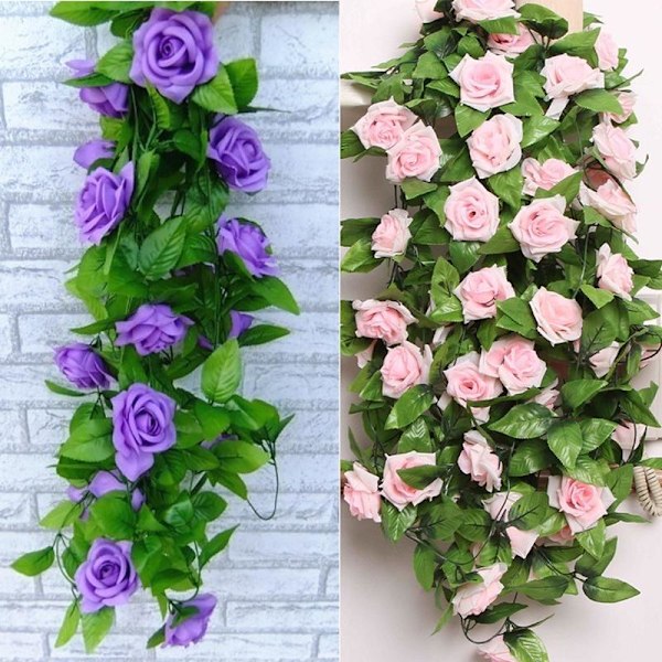 2,4 m Kunstig Blomstrende Silke Rose Blomster Ranke Efeu Hjem Bryllupsdekoration Purple