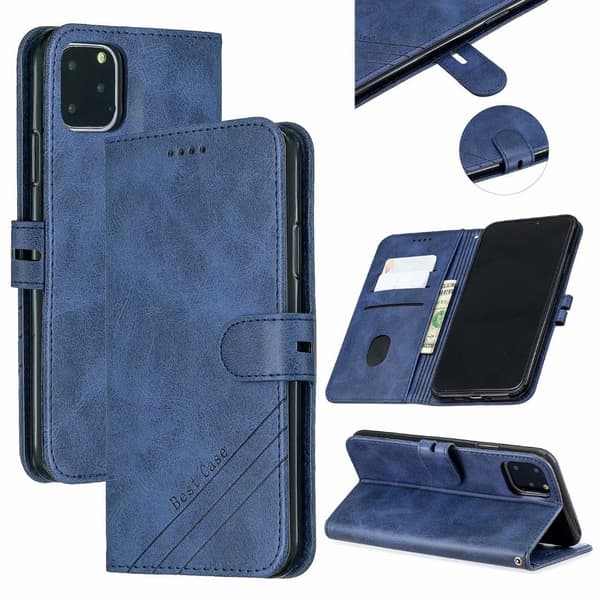 Etui til iPhone 14 Pro Max blå kalveskind almindelig pung med kortholder flip