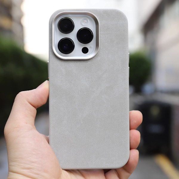 Kotelo iPhone 15 Plus Starlight Gray -puhelimelle, kokonaan nahkaa, magneettinen flanelli, kova