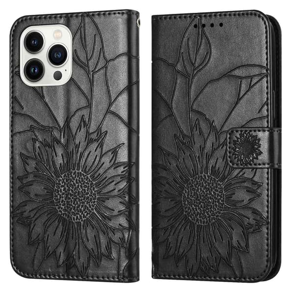 Etui til iPhone 15 Plus sort 3D Præget Solsikke Tegnebog med Kortholder Flip