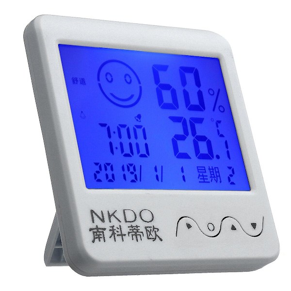 Digitalt Bord Termo-hygrometer Vækkeur LCD Skærm Temperatur Fugtighed White