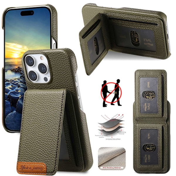 Etui til iPhone 13 Pro Midnight Green Læder Pebbled Flip Wallet med Kortholder