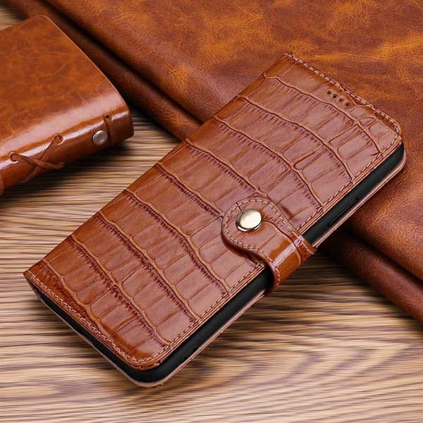 Etui til iPhone 15 Plus brun Wallet med kortholder krokodillemønster ko spænde flip