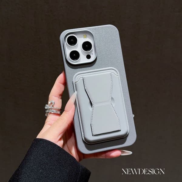 Etui til iPhone X Enkelt lær grå + grå kortholder lærstruktur bakre klipsstativ