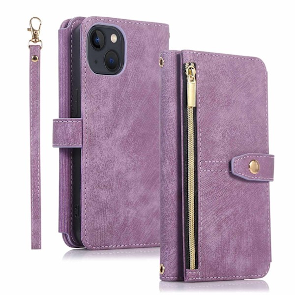 Etui til iPhone 15 Plus Lilla [kort snor + lang hængende snor] lynlåspung med kortholder crossbody flip ni kort