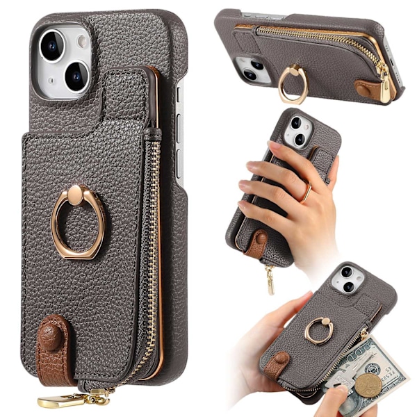 Fodral för iPhone 14 Pro Max Silvergrå Pebbled Enkel Ring Plånbok med Korthållare