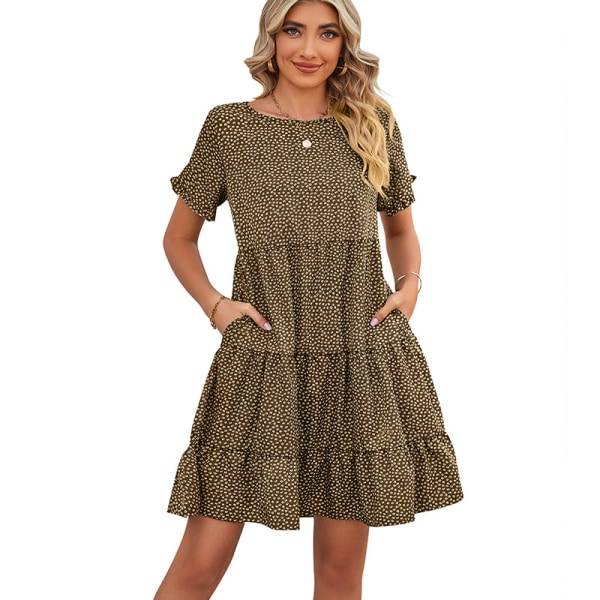 Sommar Casual Printed Little-Girl Style Kläder Tre-lagers veckad klänning Brown S