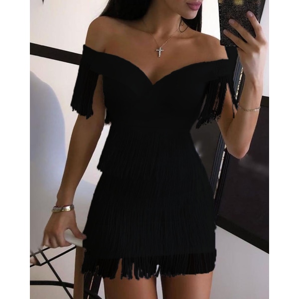 Fashion Tight Klänning off-Shoulder Tassel Tight Black S