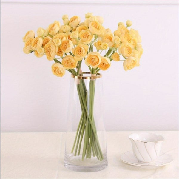 3 Bunter Lange Stilker Ranunkler Kunstige Kameliablomster for Bryllup, Fester og Hjemmeinnredning, Perf Yellow 3 Bunches
