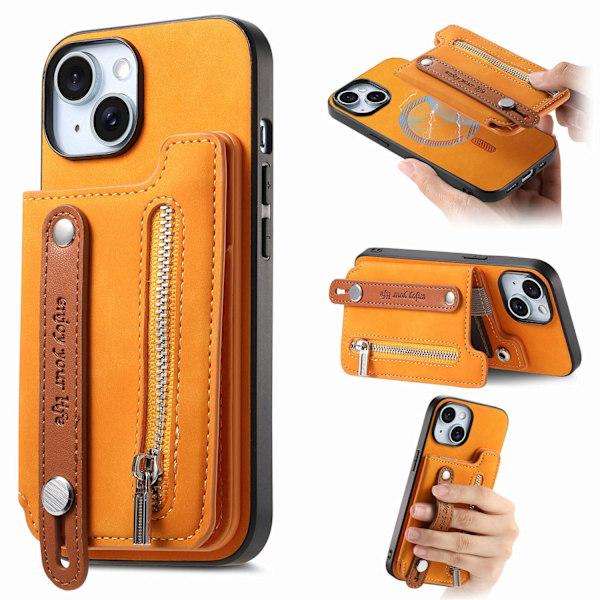 Fodral för iPhone 15 Plus orange färg Magnetiskt Flip Plånbok med Korthållare
