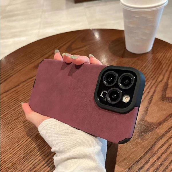Fodral för iPhone 16plus Plommonrött läder klassiskt sammetsläder läder plyschläder mjukt