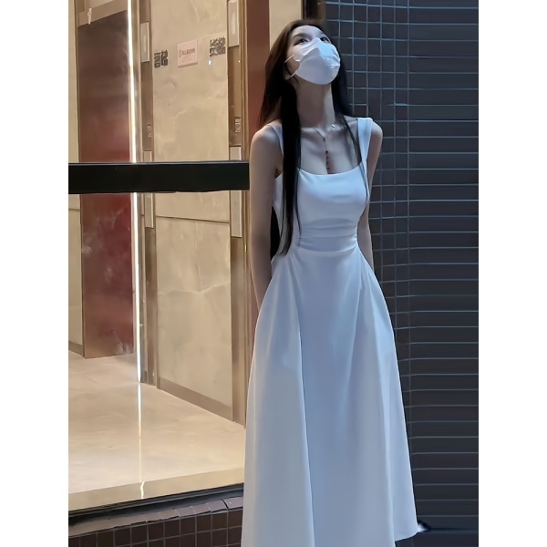 Vit hängselklänning Fransk tepaus för kvinnor Midjetight A-linjeklänning White 2XL