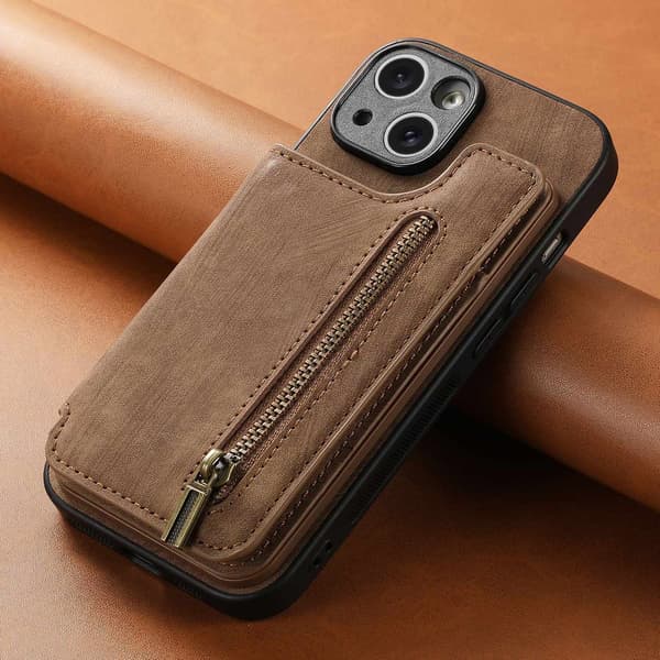 Etui til iPhone 13 Mini Tan Almindelig læder standpung med kortholder