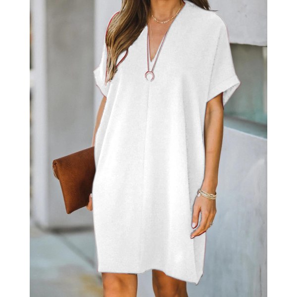 Kvinnors V-ringad kortärmad enfärgad lös klänning White S