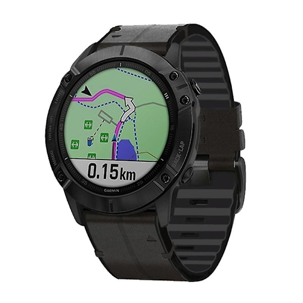 Musta Musta Silikoni + Nahka Kellonranneke yhteensopiva Garmin Fenix 7:n kanssa