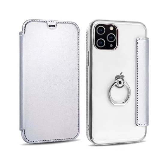 Etui til iPhone 15PRO MAX Sølv (med ring) Flip Elektroplettering Ring Transparent Wallet med Kortholder