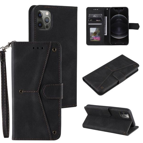 Etui til iPhone 14 sort Mixed Media Kontrastfarvepung med kortholder Flip
