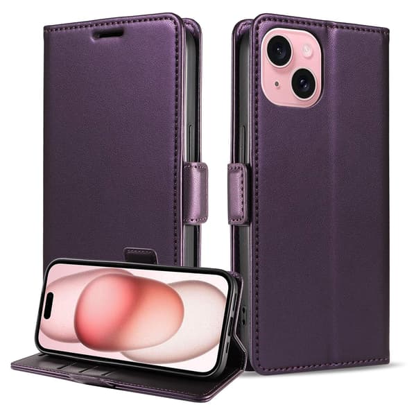 Etui til iPhone 14 Plus, lilla lommebok med kortholder og flip