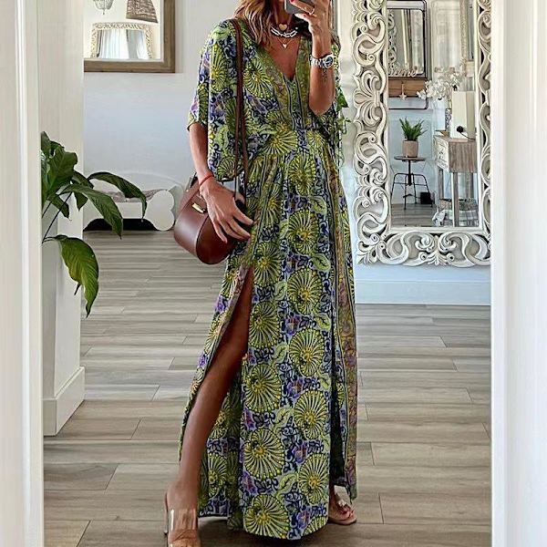 V-ringad Kortärmad Lös Bohemian Side Slit Klänning Printed Klänning Gray L